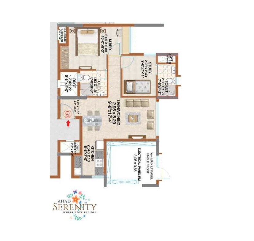 Floor plan of 1 BHK 877 Sq. Ft. Apartment in Ahad Serenity, Bangalore