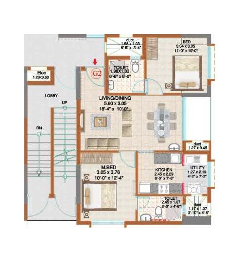 Floor plan of 2 BHK 938 Sq. Ft. Apartment in Ahad Serenity, Bangalore