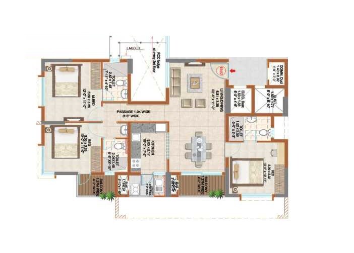 Floor plan of 3 BHK 1462 Sq. Ft. Apartment in Ahad Serenity, Bangalore