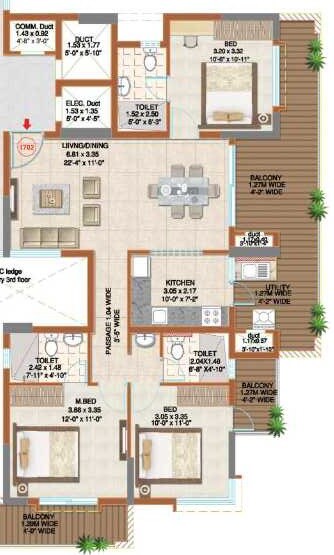 Floor plan of 3 BHK 1741 Sq. Ft. Apartment in Ahad Serenity, Bangalore