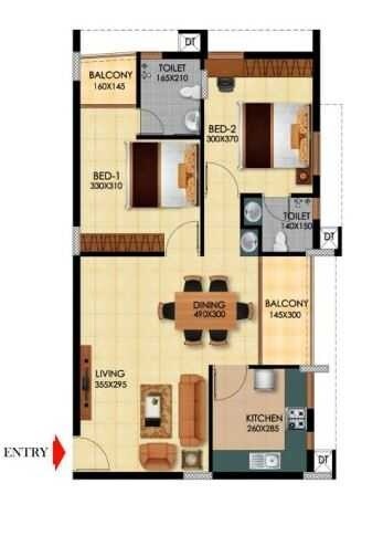 Floor plan of 2 BHK 1206 Sq. Ft. Apartment in Aishwarya homes, Bangalore