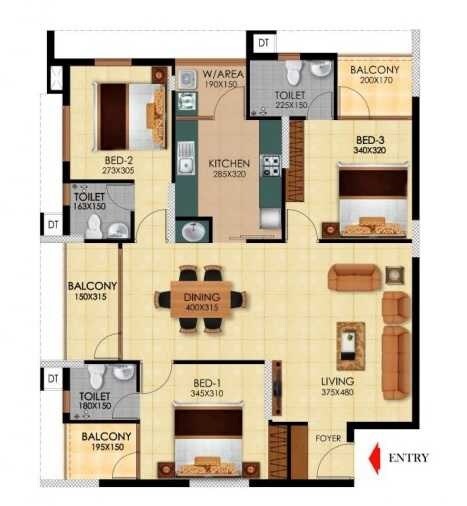 Floor plan of 3 BHK 1798 Sq. Ft. Apartment in Aishwarya homes, Bangalore