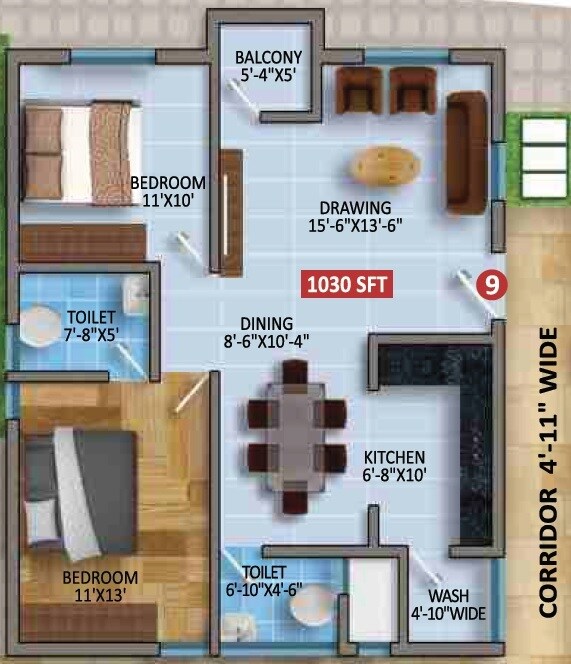 Floor plan of 1 BHK 1030 Sq. Ft. Apartment in Aishwarya Silicon, Bangalore