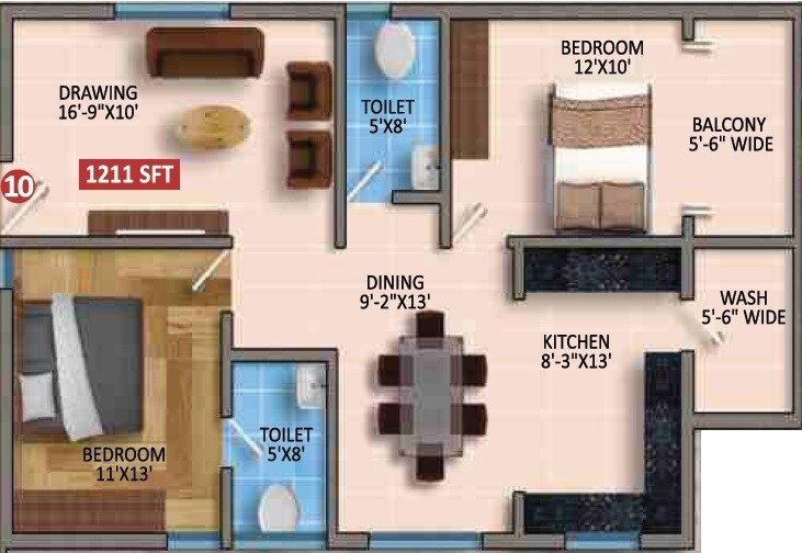 Floor plan of 2 BHK 1211 Sq. Ft. Apartment in Aishwarya Silicon, Bangalore