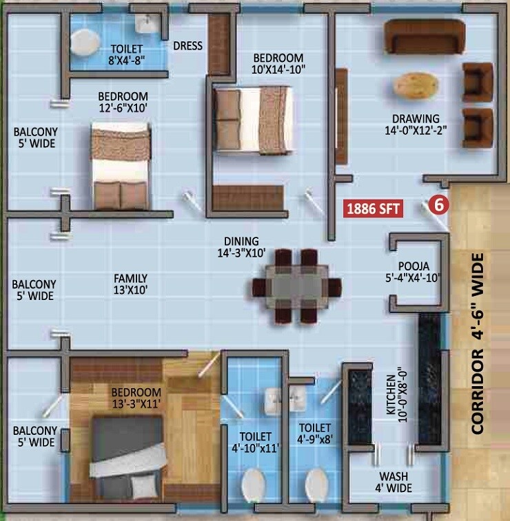 Floor plan of 3 BHK 1886 Sq. Ft. Apartment in Aishwarya Silicon, Bangalore