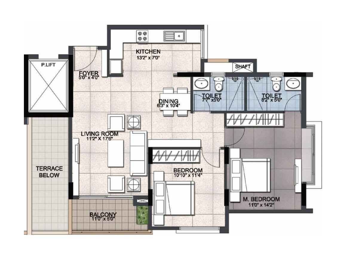 Floor plan of 2 BHK 1160 Sq. Ft. Apartment in Ajmera Annex, Bangalore