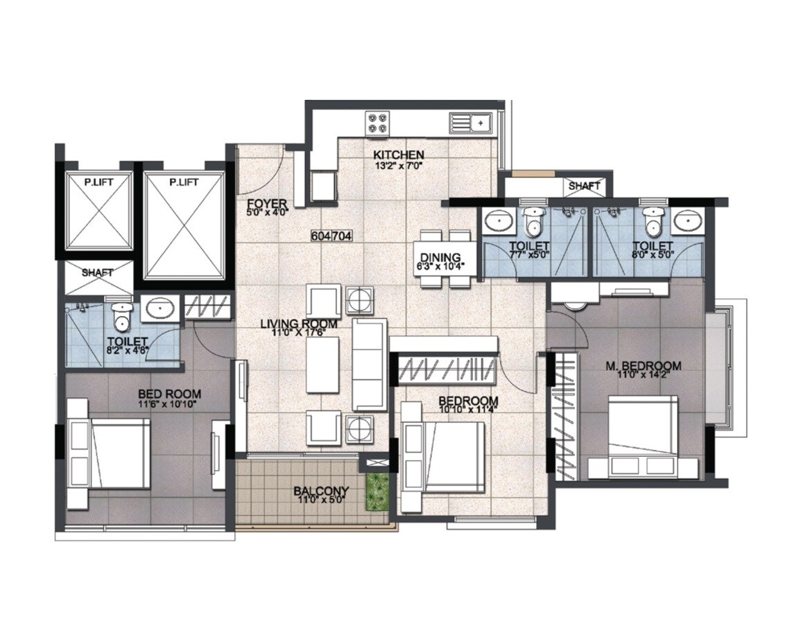 Floor plan of 3 BHK 1400 Sq. Ft. Apartment in Ajmera Annex, Bangalore