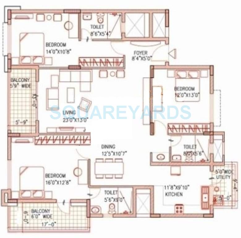 Floor plan of 3 BHK 2575 Sq. Ft. Apartment in Ajmera Arista, Bangalore