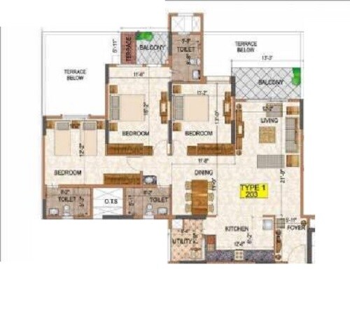 Floor plan of 3 BHK 1273 Sq. Ft. Apartment in Ajmera Avenue Bangalore, Bangalore