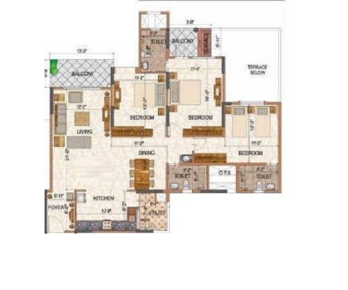 Floor plan of 3 BHK 1467 Sq. Ft. Apartment in Ajmera Avenue Bangalore, Bangalore