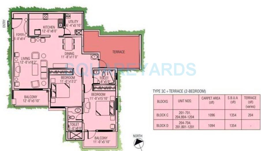 Floor plan of 2 BHK 1354 Sq. Ft. Apartment in Ajmera Green Acres, Bangalore