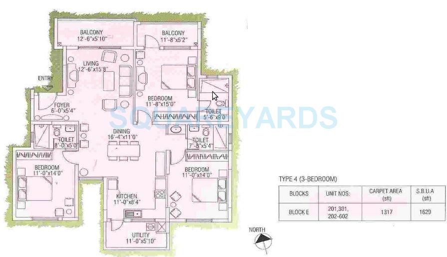 Floor plan of 3 BHK 1565 Sq. Ft. Apartment in Ajmera Green Acres, Bangalore