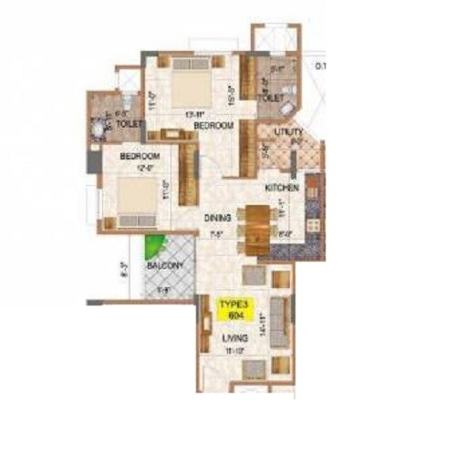 Floor plan of 2 BHK 1057 Sq. Ft. Apartment in Ajmera Infinity, Bangalore