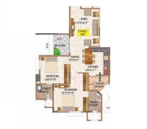Floor plan of 2 BHK 1274 Sq. Ft. Apartment in Ajmera Infinity, Bangalore