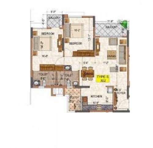 Floor plan of 2 BHK 1085 Sq. Ft. Apartment in Ajmera Infinity, Bangalore