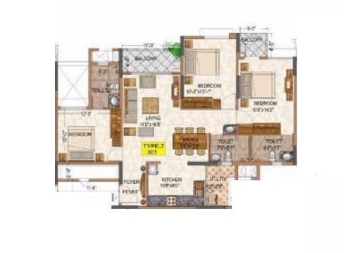 Floor plan of 3 BHK 2443 Sq. Ft. Apartment in Ajmera Infinity, Bangalore