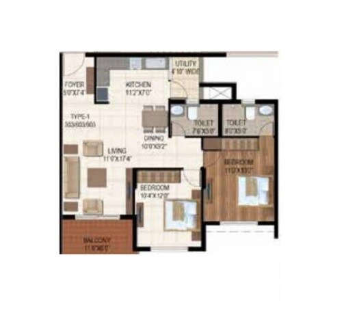 Floor plan of 2 BHK 1090 Sq. Ft. Apartment in Ajmera Stone Park, Bangalore
