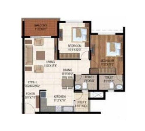 Floor plan of 2 BHK 1340 Sq. Ft. Apartment in Ajmera Stone Park, Bangalore