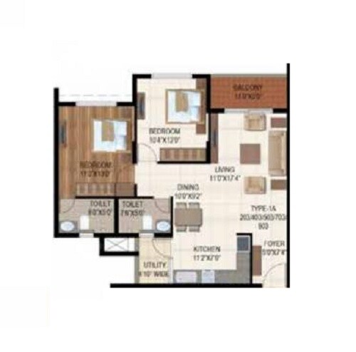 Floor plan of 2 BHK 956 Sq. Ft. Apartment in Ajmera Stone Park, Bangalore