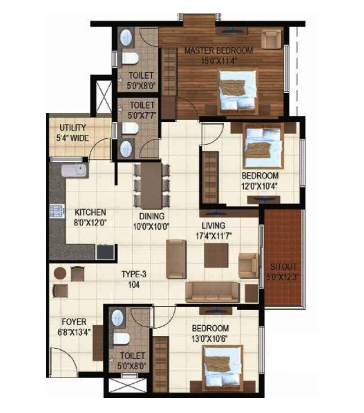 Floor plan of 3 BHK 1435 Sq. Ft. Apartment in Ajmera Stone Park Phase I, Bangalore