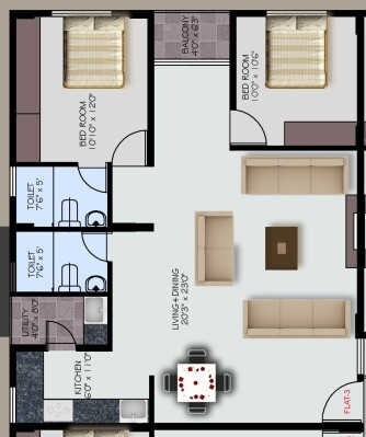 Floor plan of 2 BHK 1022 Sq. Ft. Apartment in Ak SS Trinity, Bangalore