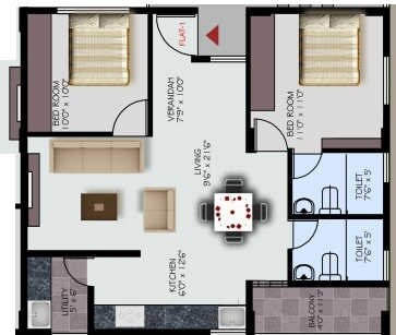 Floor plan of 2 BHK 1210 Sq. Ft. Apartment in Ak SS Trinity, Bangalore