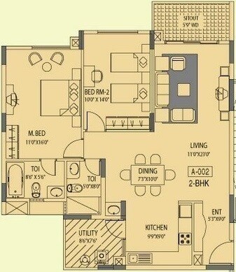 Floor plan of 2 BHK Apartment - 1285 sq. ft. in Akme Ballet, Bangalore