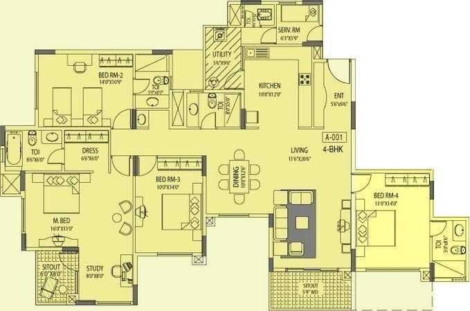 Floor plan of 4 BHK Apartment - 2500 sq. ft. in Akme Ballet, Bangalore