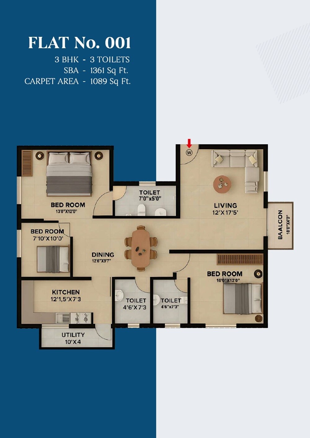 Floor plan of 3 BHK 1361 Sq. Ft. Apartment in Akshaya Enclave Mallathahalli, Bangalore