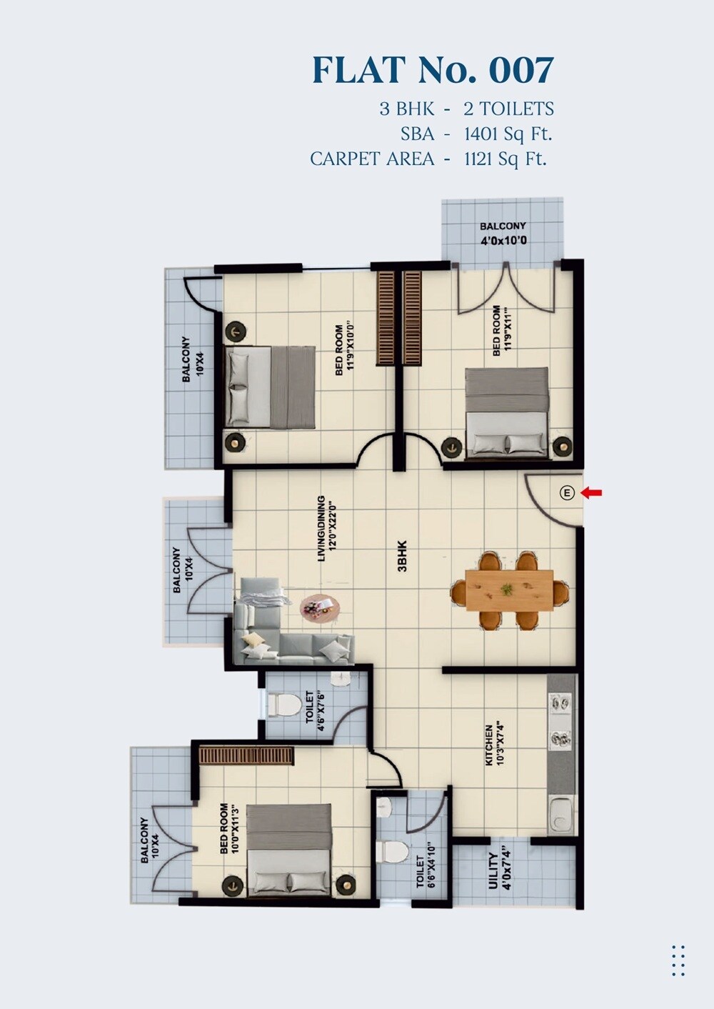 Floor plan of 3 BHK 1401 Sq. Ft. Apartment in Akshaya Enclave Mallathahalli, Bangalore