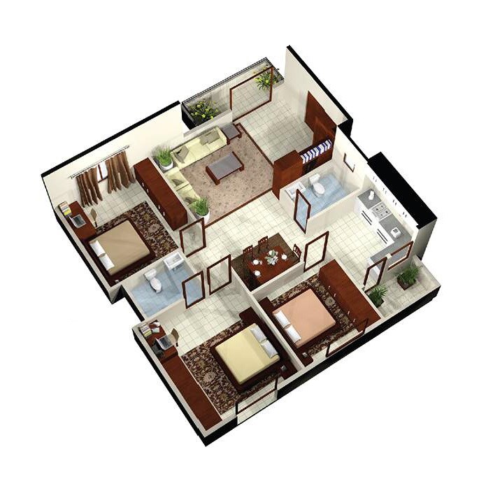 Floor plan of 3 BHK 1265 Sq. Ft. Apartment in Akshaya Regalia, Bangalore