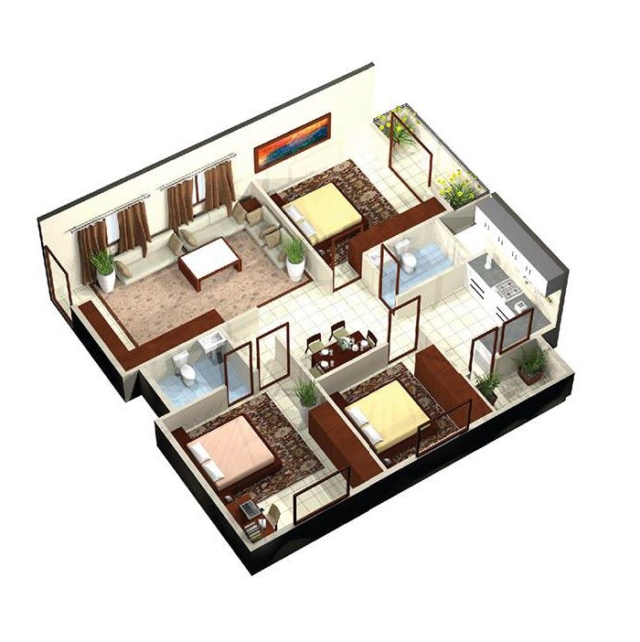 Floor plan of 3 BHK 1590 Sq. Ft. Apartment in Akshaya Regalia, Bangalore