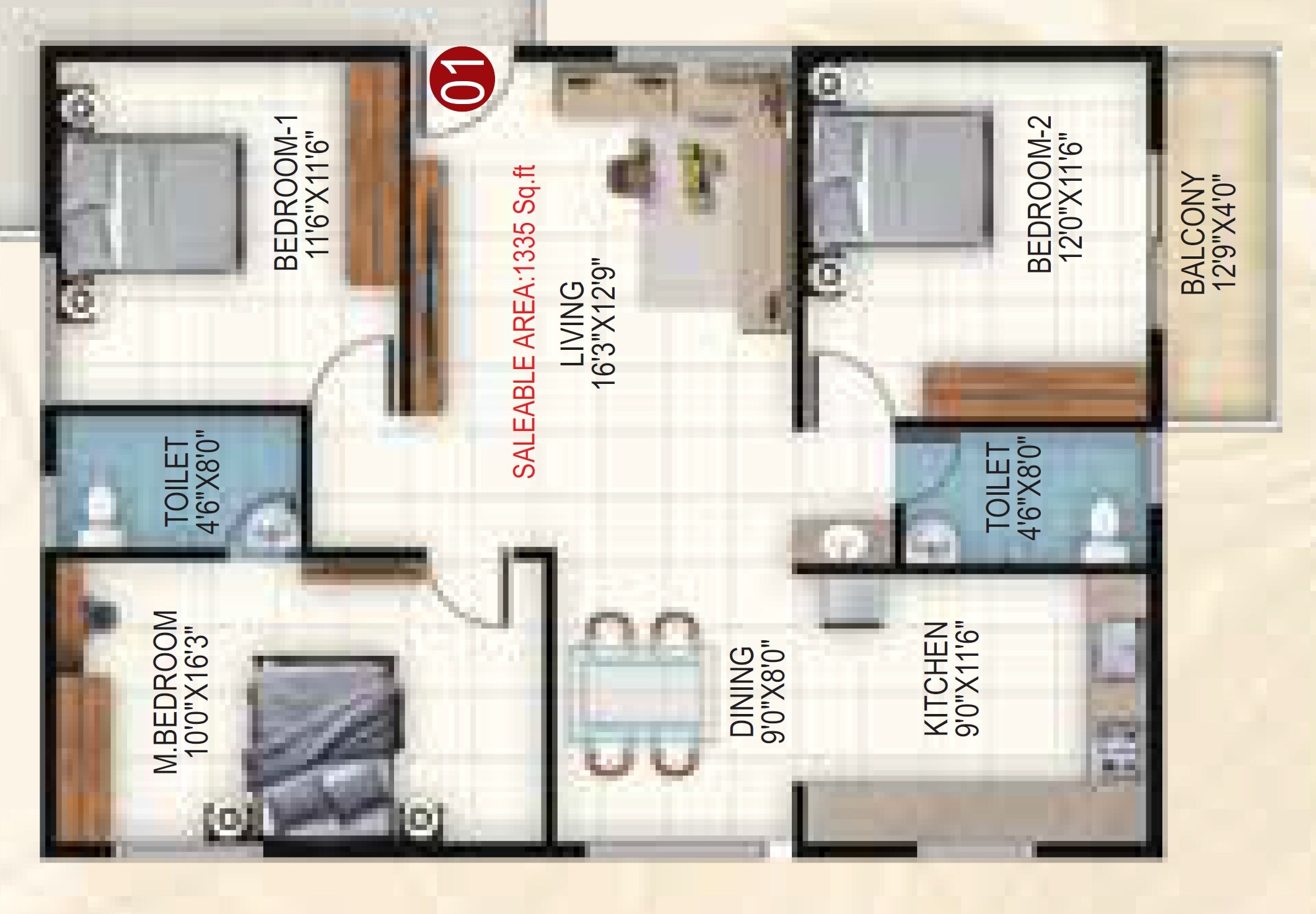 Floor plan of 3 BHK 1335 Sq. Ft. Apartment in Akshaya Sai Orchid, Bangalore
