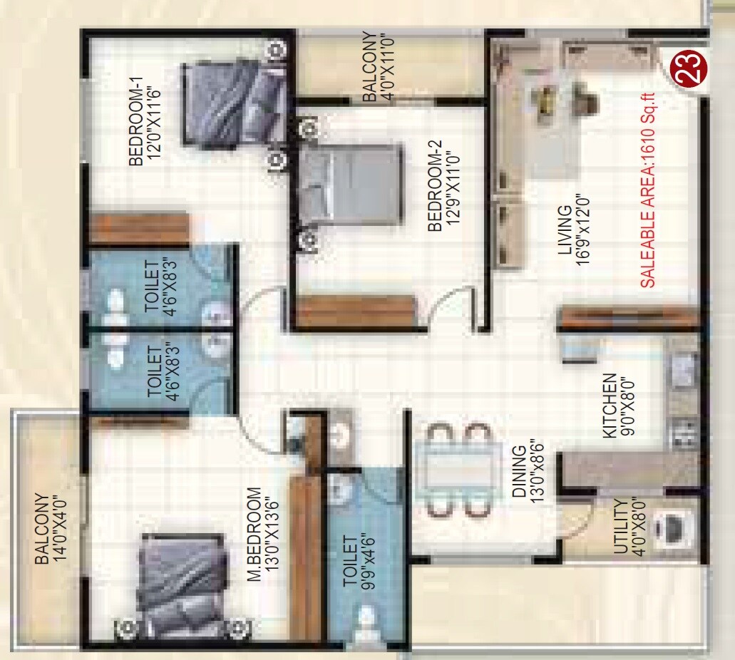 Floor plan of 3 BHK 1610 Sq. Ft. Apartment in Akshaya Sai Orchid, Bangalore
