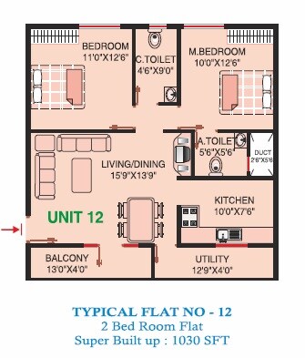 Floor plan of 2 BHK 1030 Sq. Ft. Apartment in Akul Residency, Bangalore