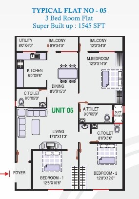 Floor plan of 3 BHK 1545 Sq. Ft. Apartment in Akul Residency, Bangalore