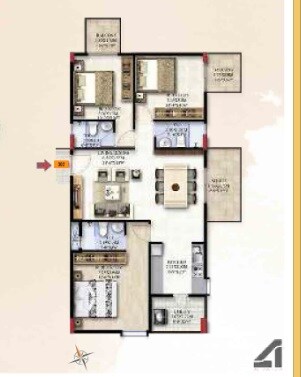 Floor plan of 3 BHK 1485 Sq. Ft. Apartment in Al Zassz Bliss, Bangalore