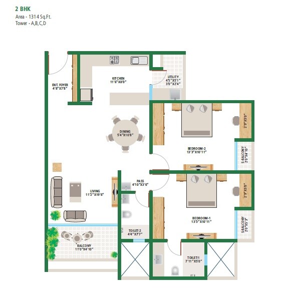 Floor plan of 2 BHK 1314 Sq. Ft. Apartment in Alembic Urban Forest, Bangalore