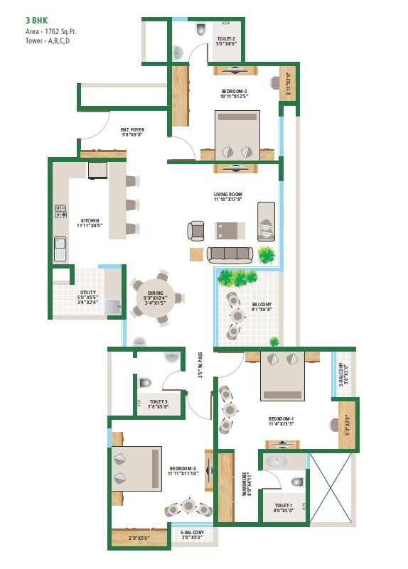 Floor plan of 3 BHK 1762 Sq. Ft. Apartment in Alembic Urban Forest, Bangalore