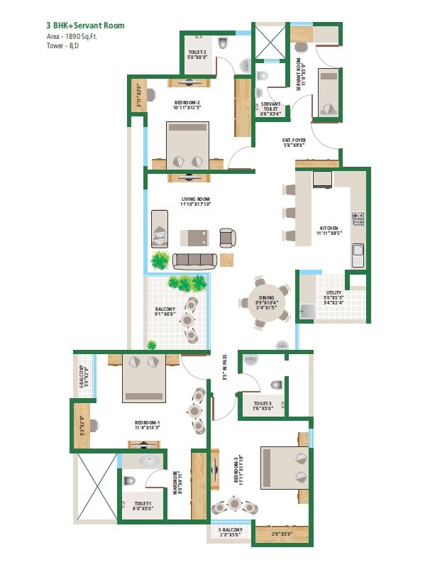 Floor plan of 3 BHK 1890 Sq. Ft. Apartment in Alembic Urban Forest, Bangalore