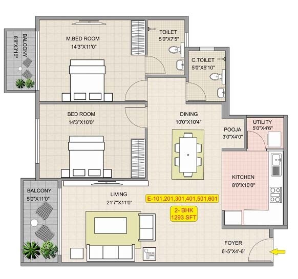Floor plan of 2 BHK 1293 Sq. Ft. Apartment in Alisha The Habitat, Bangalore