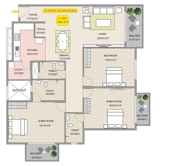Floor plan of 3 BHK 1862 Sq. Ft. Apartment in Alisha The Habitat, Bangalore