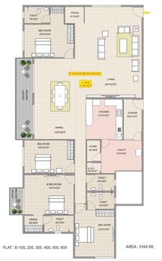 Floor plan of 4 BHK 3164 Sq. Ft. Apartment in Alisha The Habitat, Bangalore