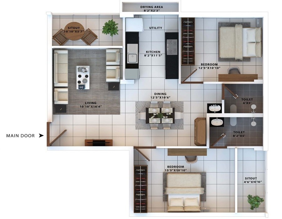 Floor plan of 2 BHK 1168 Sq. Ft. Apartment in Allegro Classique Woodsville, Bangalore