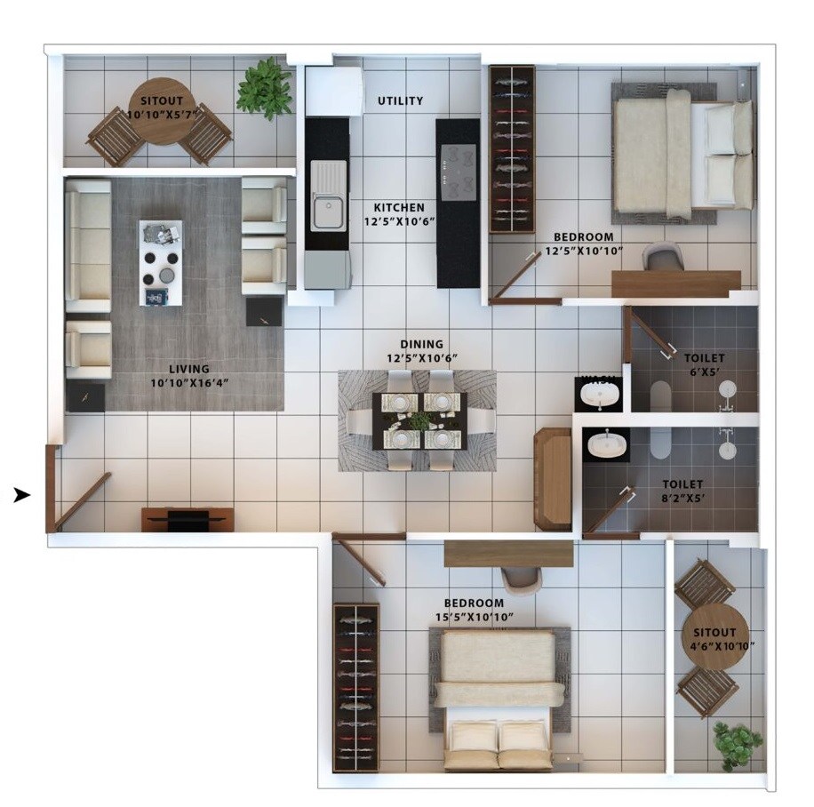 Floor plan of 2 BHK 1169 Sq. Ft. Apartment in Allegro Classique Woodsville, Bangalore