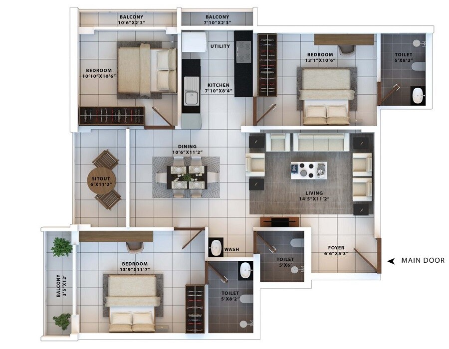 Floor plan of 3 BHK 1358 Sq. Ft. Apartment in Allegro Classique Woodsville, Bangalore