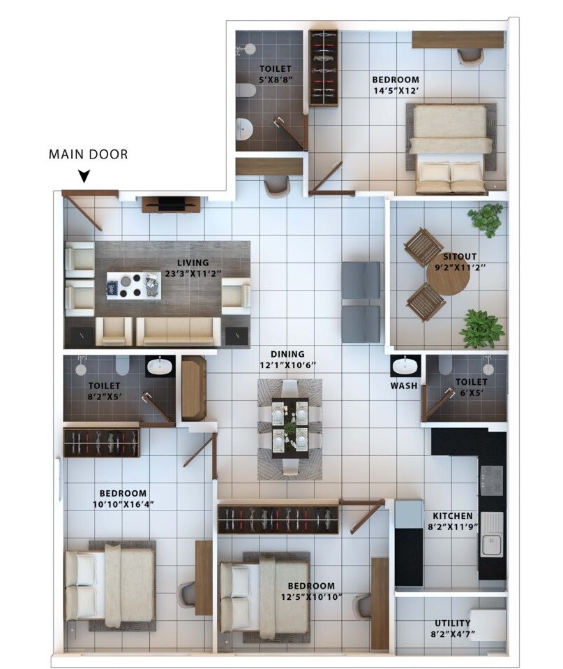 Floor plan of 3 BHK 1931 Sq. Ft. Apartment in Allegro Classique Woodsville, Bangalore
