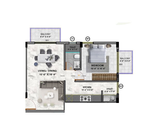 Floor plan of 1 BHK 600 Sq. Ft. Apartment in ALN Arambh, Bangalore