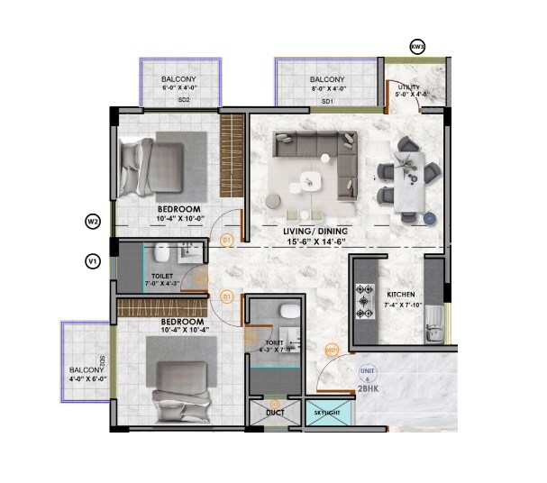 Floor plan of 2 BHK 1200 Sq. Ft. Apartment in ALN Arambh, Bangalore