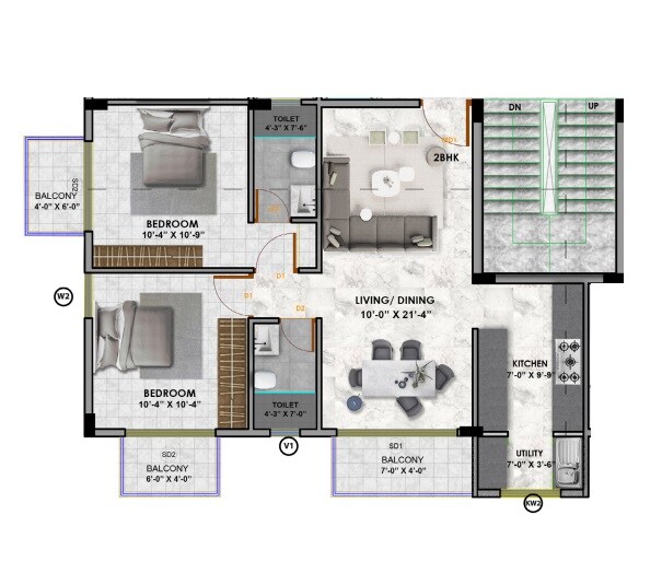 Floor plan of 2 BHK 900 Sq. Ft. Apartment in ALN Arambh, Bangalore